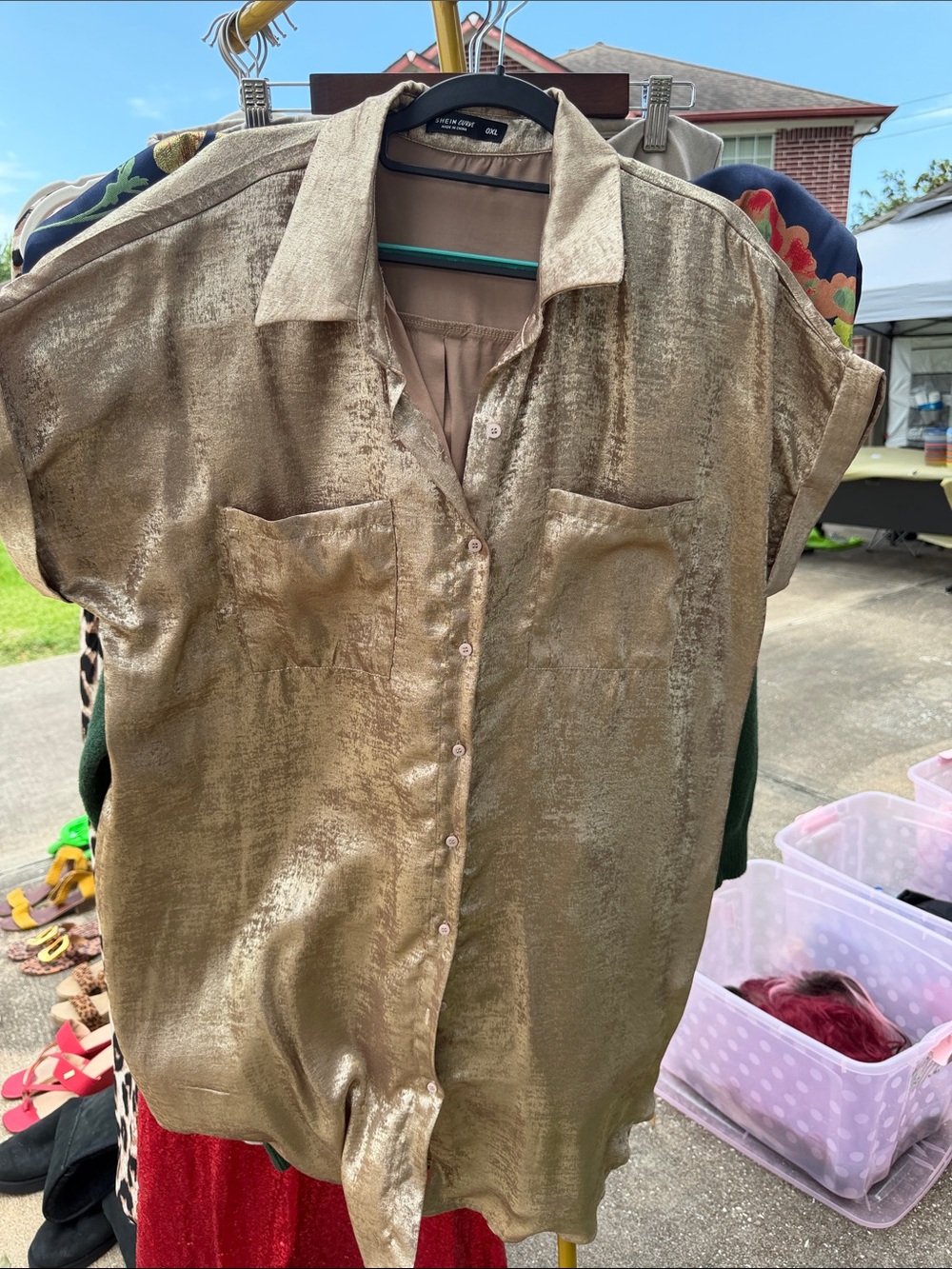 SHEIN Shimmery Gold Short Sleeve Button-Up Midi Dress